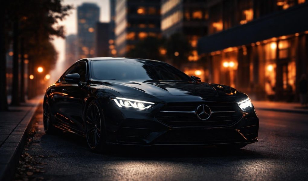 voiture-moderne-phare-allume-batiments-blurs
