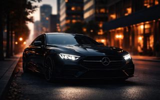 voiture-moderne-phare-allume-batiments-blurs