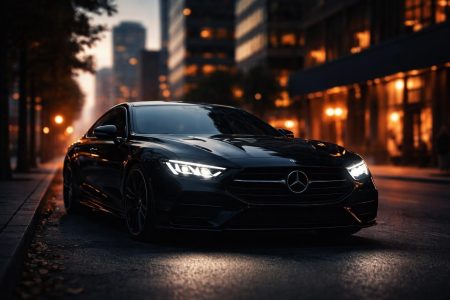 voiture-moderne-phare-allume-batiments-blurs